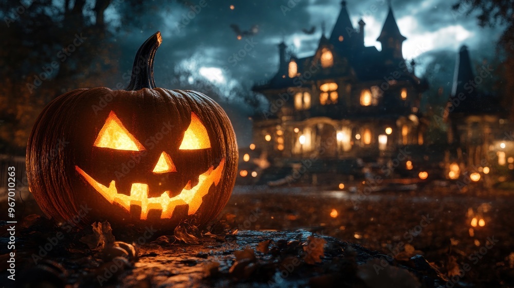 A spooky Halloween scene featuring a carved pumpkin and a haunted mansion in the background. A spooky Halloween scene featuring a carved pumpkin and a haunted mansion in the background.