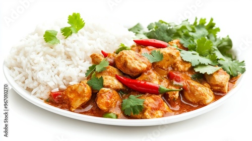 Spicy chicken curry and rice with cilantro and chili peppers, set against a plain white backdrop.