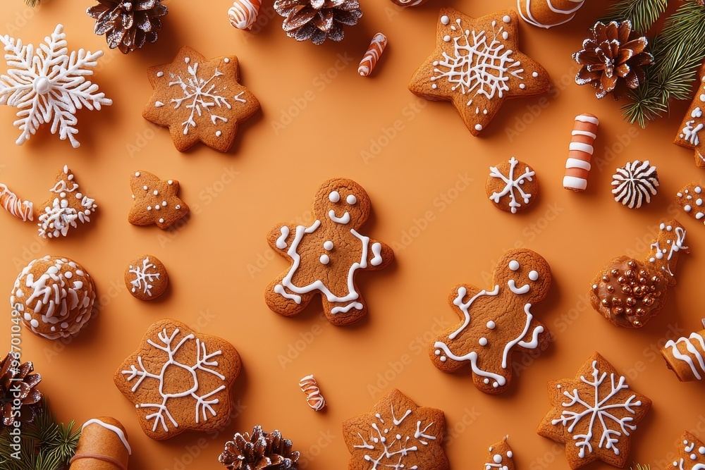 A close up of a variety of gingerbread cookies and snowflakes A close up of a variety of gingerbread cookies and snowflakes