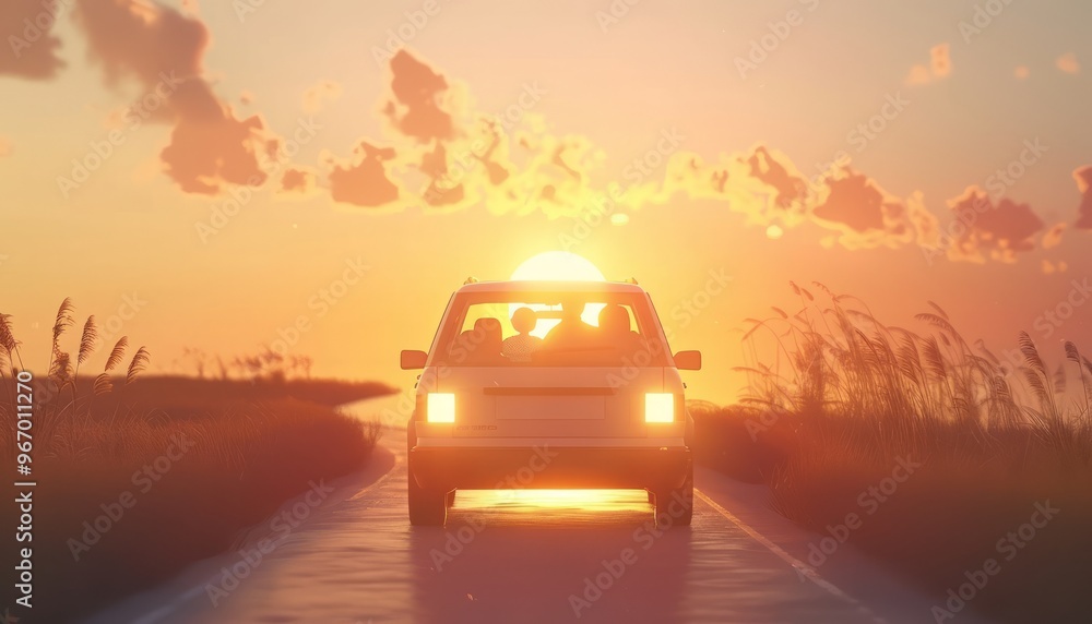 Fototapeta premium Sunset Serenity: A Family Road Trip Adventure