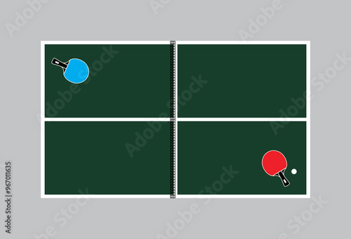Ping pong or table tennis table with rackets and ball. View from above. Vector illustration