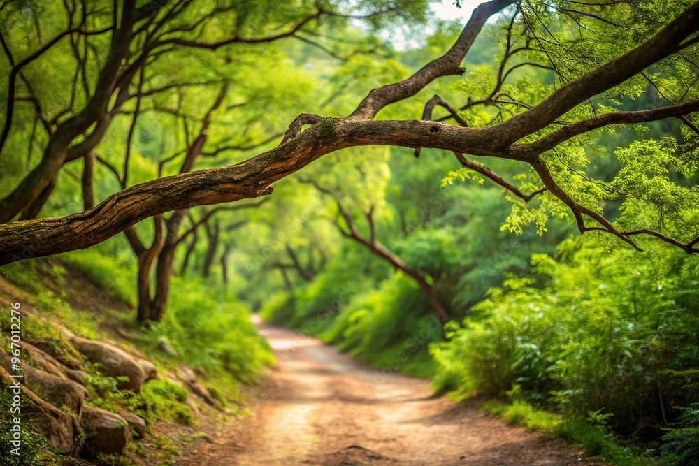 Tilted angle tree branch over dirt path in Chinese forest Tilted angle tree branch over dirt path in Chinese forest