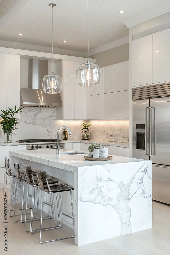 Contemporary white kitchen, marble island, chrome fixtures, soft lighting. Contemporary white kitchen, marble island, chrome fixtures, soft lighting.