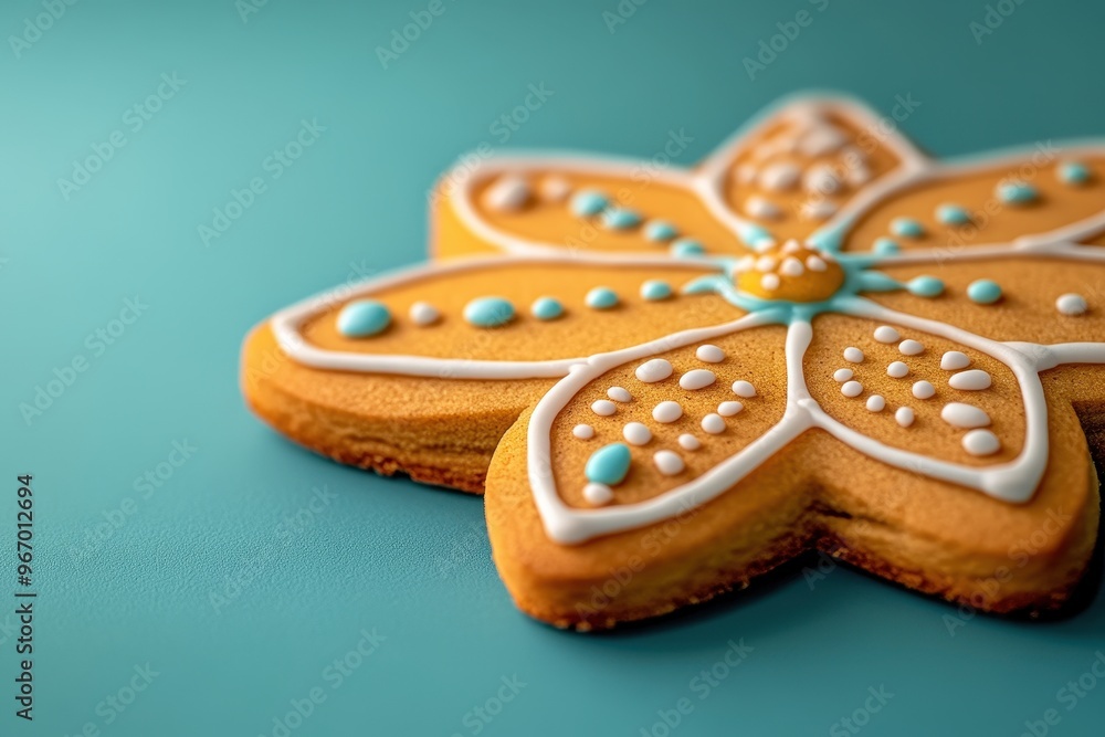 A close up of a gingerbread snowflake with white icing A close up of a gingerbread snowflake with white icing
