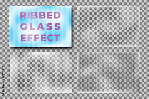 Ribbed glass effect texture set. Transparent overlay cover for your design. Plastic texture, abstract corrugated striped frosted plexiglass. Acrylic fluted panel