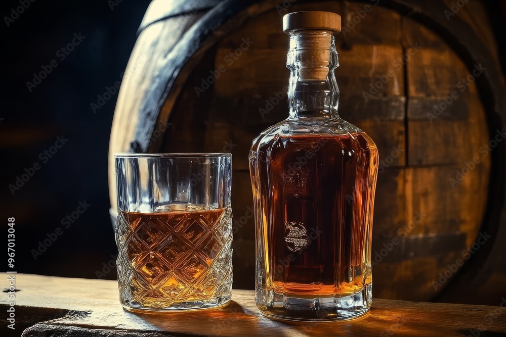 Elegant whiskey glass alongside a classic barrel. Elegant whiskey glass alongside a classic barrel.
