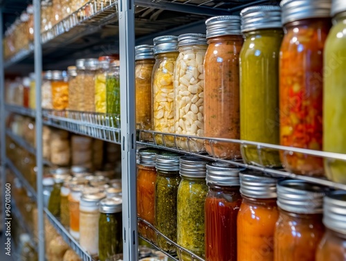 A Close-Up View of a Shelf Filled with Preserved Foods in Glass Jars, Highlighting the Variety and Colors of Homemade Preserves