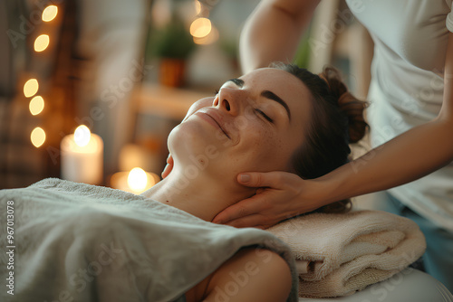 A woman is getting a massage while a woman is massaging her head