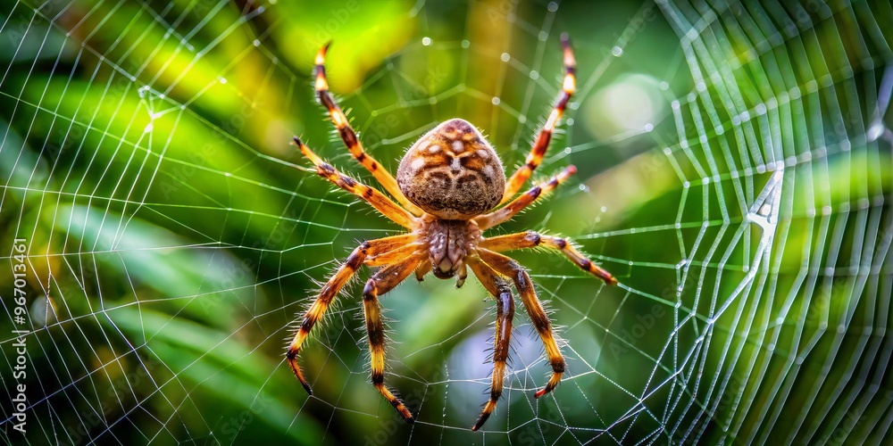 Obraz premium A tiny woodland spider perchs on its fragile web, surrounded by vibrant green leaves and stems, a master