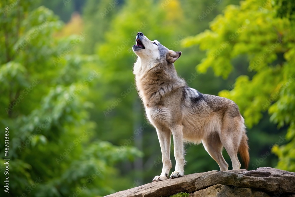 Fototapeta premium Timberwolf howling in the forest