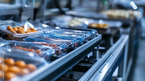 Automated Conveyor Belt System Packaging Food Products in Plastic Containers