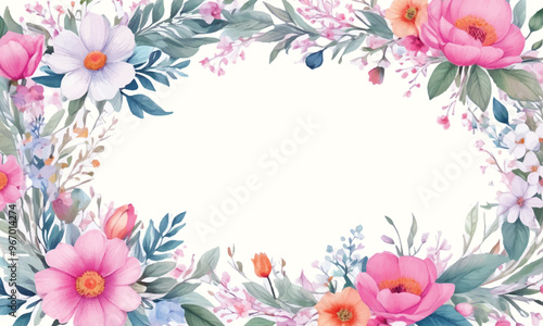 A frame of flowers with a white background that says spring