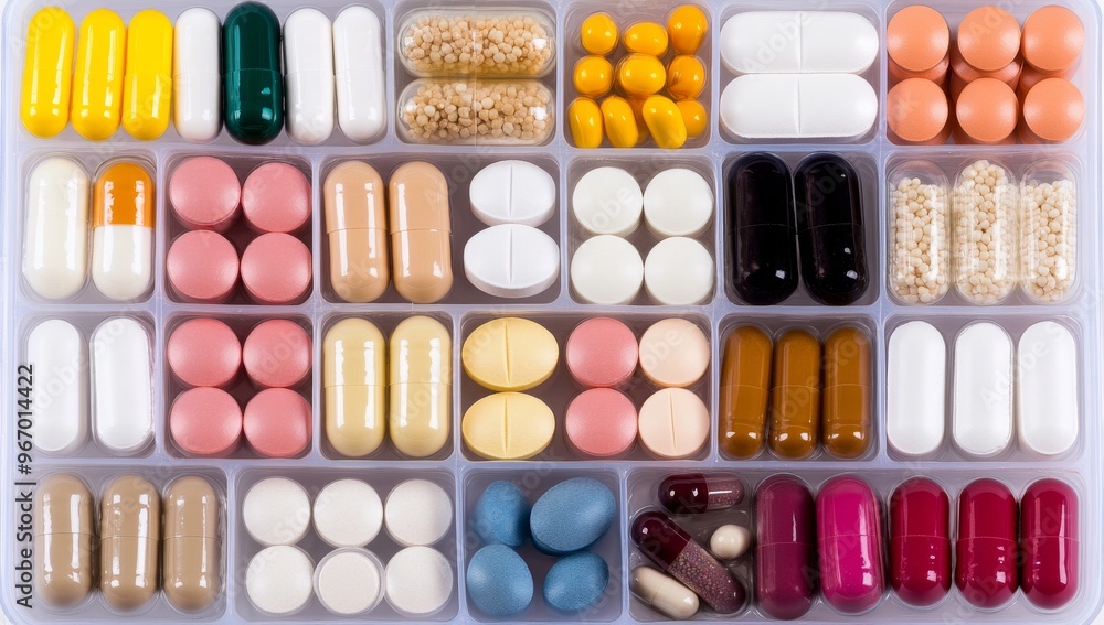 A plastic box filled with various pills and capsules of different colors A plastic box filled with various pills and capsules of different colors