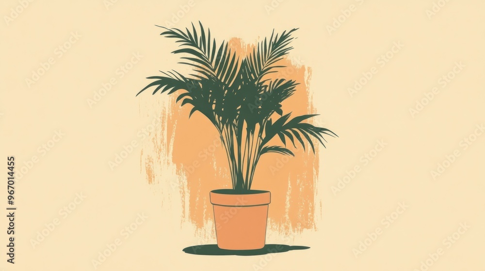 A Silhouette of a Palm Tree in a Pot Against a Peach-Colored Background A Silhouette of a Palm Tree in a Pot Against a Peach-Colored Background