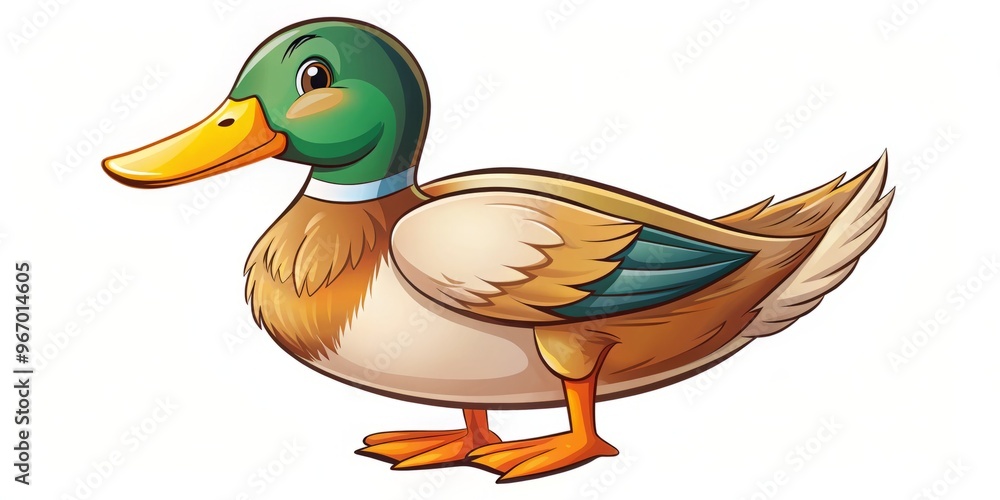 A vibrant duck stands tall, its orange beak gleaming, while webbed feet tap the ground with a curious A vibrant duck stands tall, its orange beak gleaming, while webbed feet tap the ground with a curious
