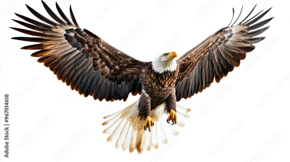 Bald Eagle in Flight with Spread Wings Against White Background Bald Eagle in Flight with Spread Wings Against White Background