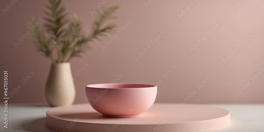 Fototapeta premium Cup bowl empty pink round podium on pastel.