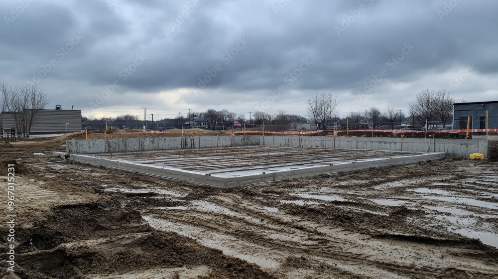 Fototapeta premium Concrete Foundation Poured with Visible Steel Reinforcement under an Overcast Sky, Construction Site, Building Foundation, New Construction