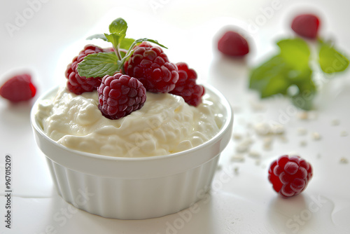 A bowl of yogurt with raspberries on top