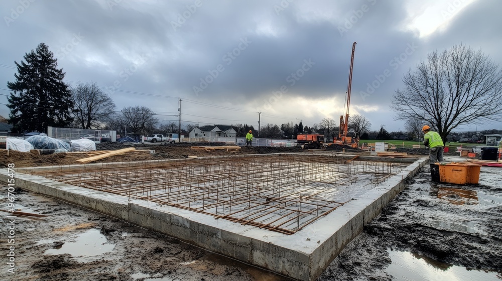 Fototapeta premium Construction Workers Pouring Concrete Foundation, Steel Rebar Visible, Overcast Sky