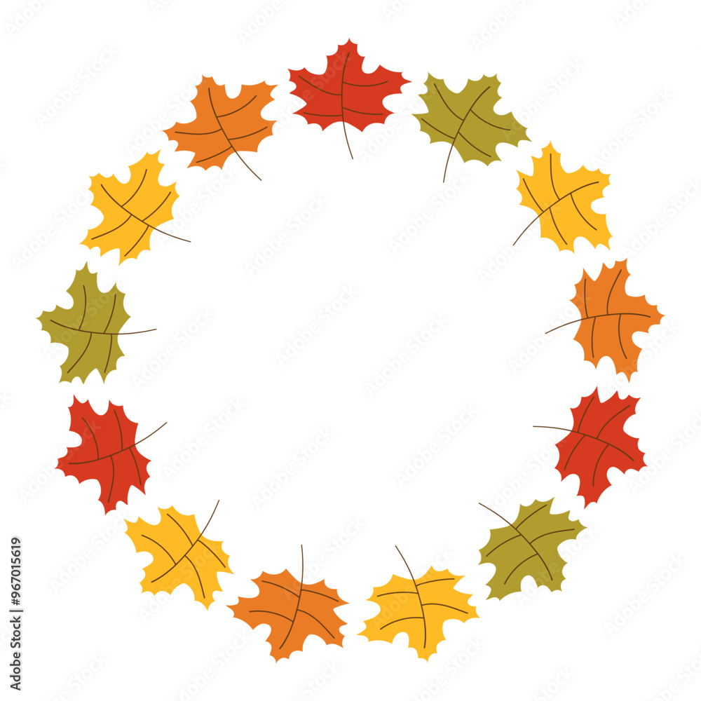Maple Autumn leaves wreath illustration for decoration on nature and Thanksgiving festival. Simple hand drawn round frame for text. Bright circle border for Fall season Maple Autumn leaves wreath illustration for decoration on nature and Thanksgiving festival. Simple hand drawn round frame for text. Bright circle border for Fall season