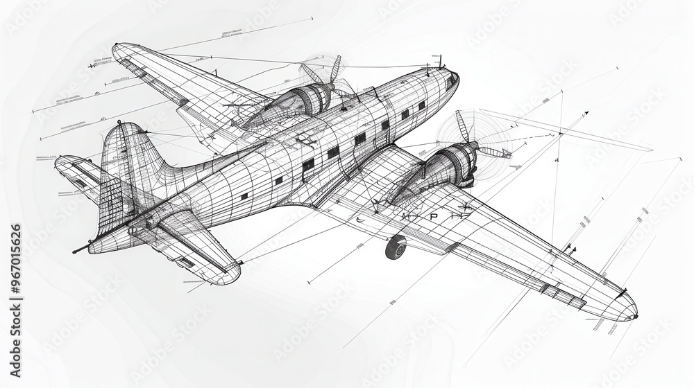 Detailed 3D wireframe technical drawing sketch of an airplane Detailed 3D wireframe technical drawing sketch of an airplane