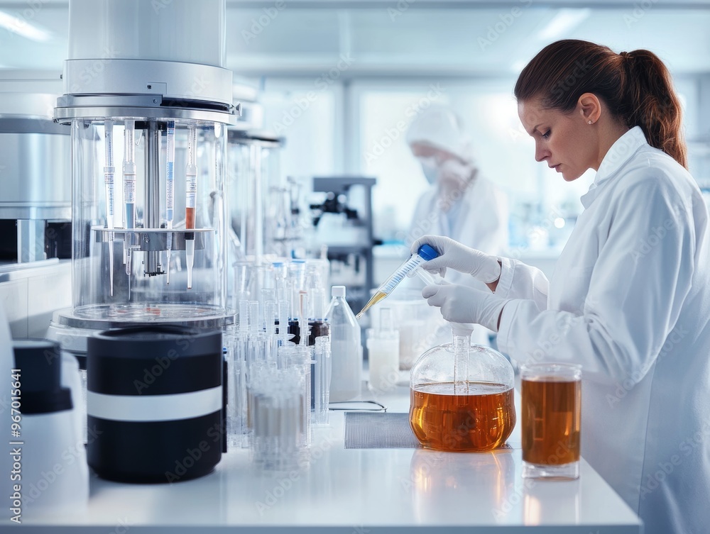 Fototapeta premium Food Scientist Carefully Transfers a Liquid Sample into a Beaker Using a Pipette in a Modern Laboratory Setting