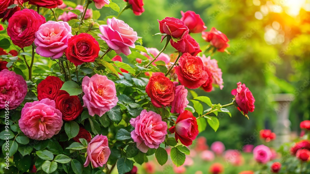 A vibrant rose bush blooms against a lush green backdrop, its delicate petals swaying gently in the breeze. A vibrant rose bush blooms against a lush green backdrop, its delicate petals swaying gently in the breeze.