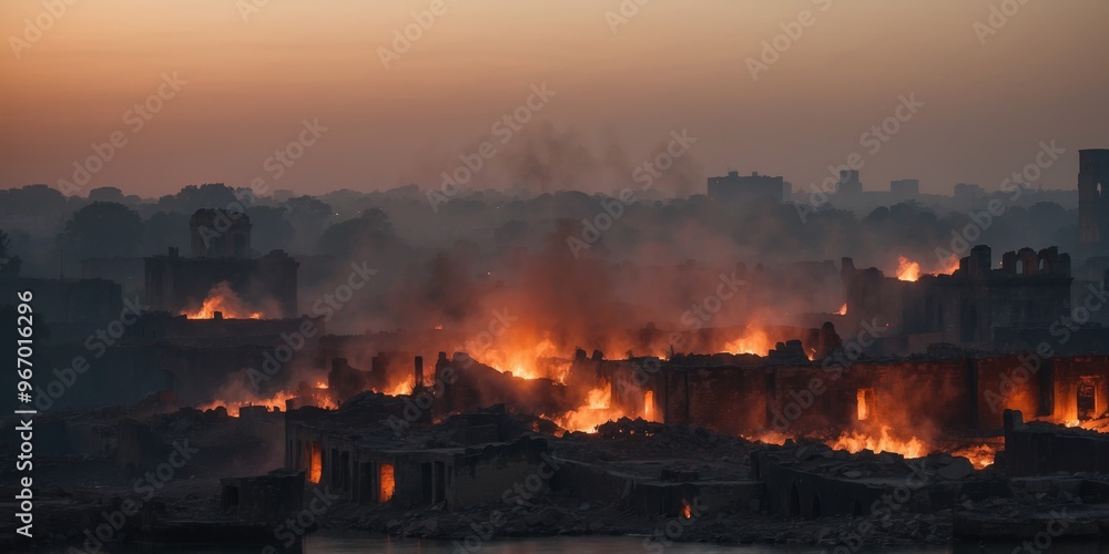 The smoldering ruins of a city at twilight with fires and smoke in the distance. The smoldering ruins of a city at twilight with fires and smoke in the distance.