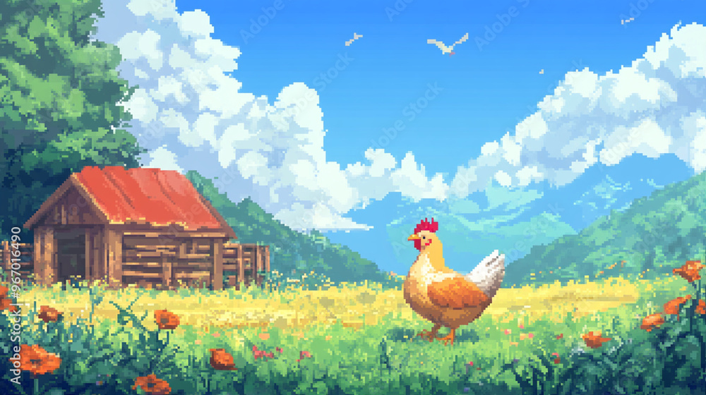 2d pixel art of chicken, farm background, illsutartion, 6-bit, 32-bit ...