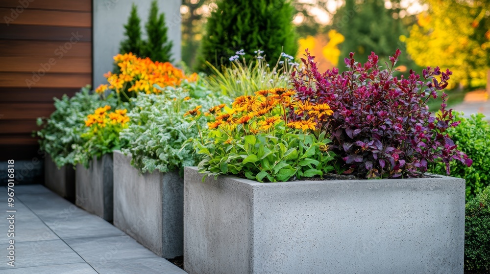 Vibrant Blooms in Concrete Planters Enliven a Modern Garden Landscape Vibrant Blooms in Concrete Planters Enliven a Modern Garden Landscape
