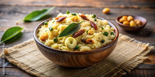 Traditional South Indian breakfast dish of ven pongal served in a bowl topped with cashews and curry leaves