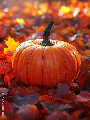 A vibrant orange pumpkin sits on a bed of colorful autumn leaves, symbolizing the beauty and harvest of the fall season. photo