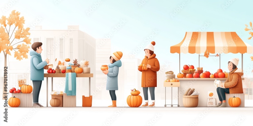 Obraz premium Flat design illustration of a fall harvest festival, with stalls selling pumpkins, apples, and handmade crafts, and people in warm clothing enjoying the autumn weather.