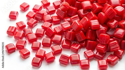 Bright red candy fragments are dispersed among a pristine white canvas, their vibrant color jarring against the stark photo