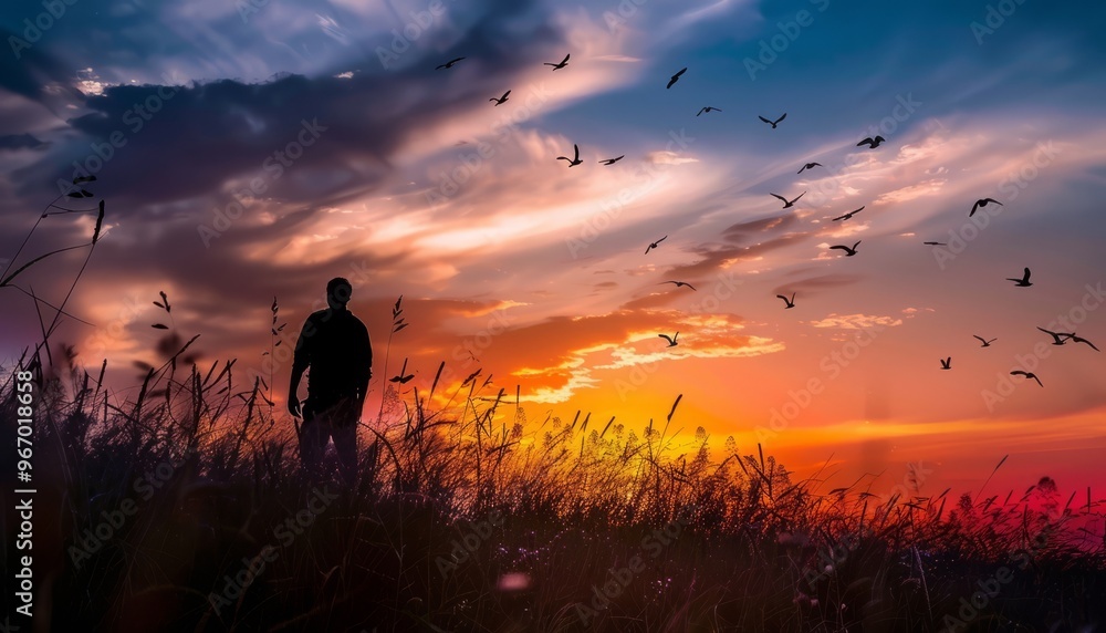 Fototapeta premium Chasing the Horizon: A Man's Journey at Sunset