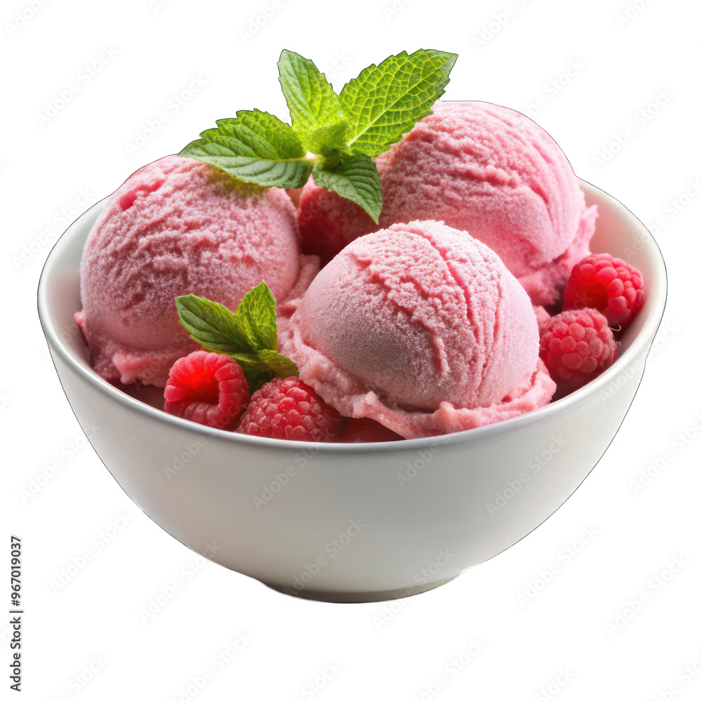 Pink ice Cream With Raspberries on white bowl isolated on transparent background Pink ice Cream With Raspberries on white bowl isolated on transparent background