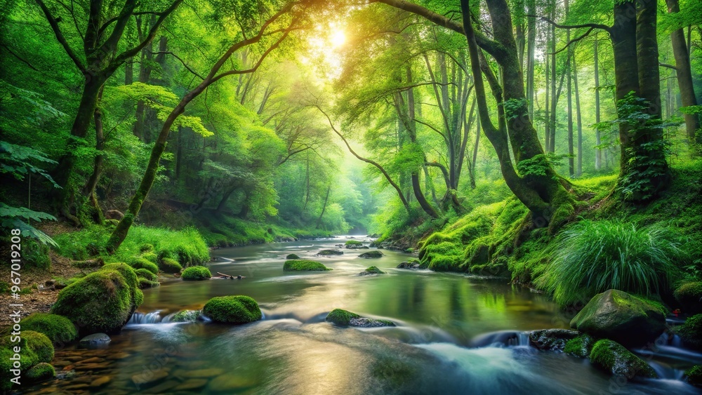 Fototapeta premium Tranquil forest stream in lush foliage with serene atmosphere