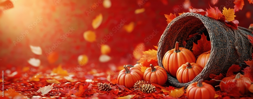 Naklejka premium Autumn scene with pumpkins spilling from a cornucopia, surrounded by colorful leaves and pinecones, perfect for fall and Thanksgiving themes.