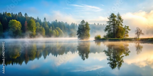 Wallpaper Mural Tranquil lake with fog and trees in background, perfect for peaceful morning Torontodigital.ca