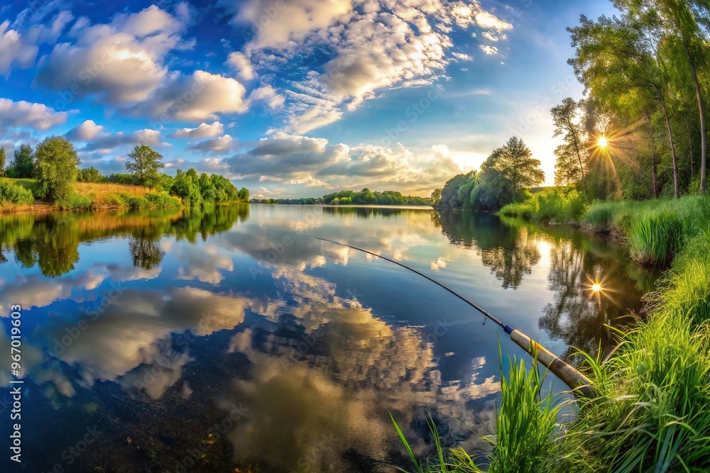 Tranquil lakeside scene with a fisheye lens effect Tranquil lakeside scene with a fisheye lens effect