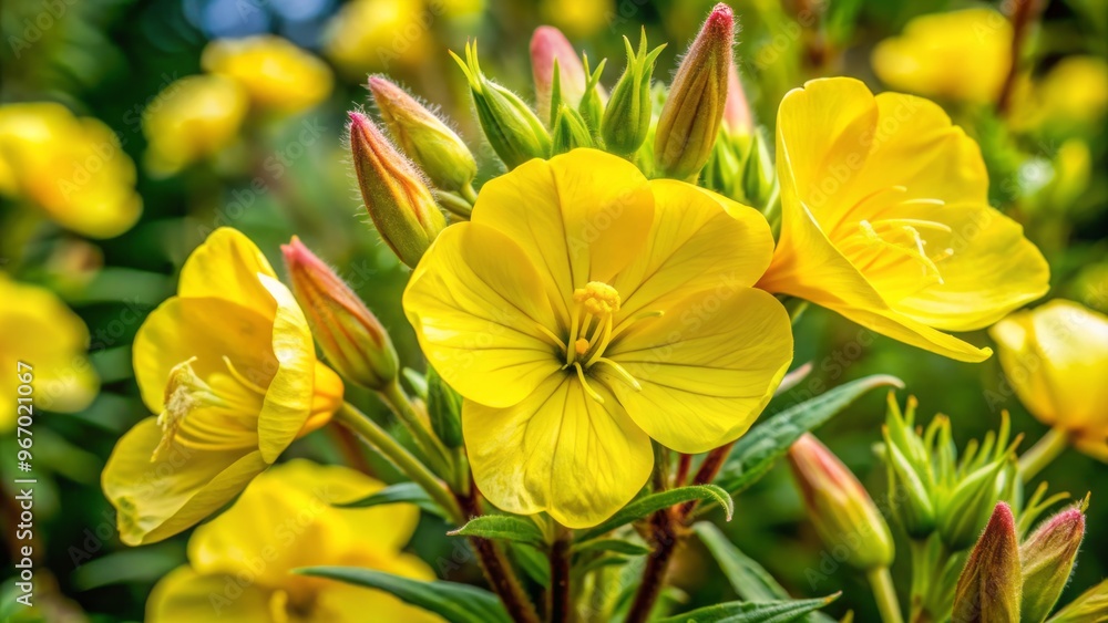 Delicate petals and delicate seed pods abound in this intimate shot of the evening primrose's radiant yellow flowers. Delicate petals and delicate seed pods abound in this intimate shot of the evening primrose's radiant yellow flowers.