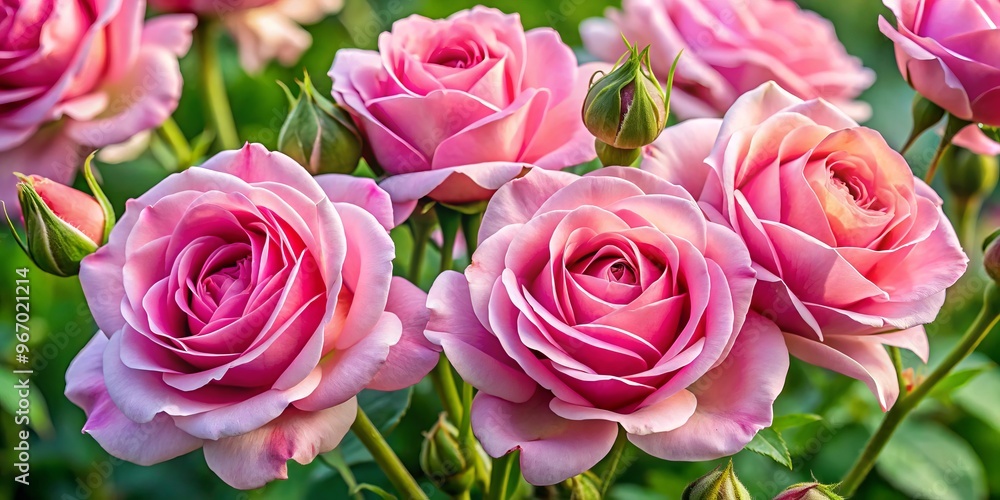 Delicate pink roses bloom in full glory, petals unfolding with gentle precision, radiating refinement and allure as Delicate pink roses bloom in full glory, petals unfolding with gentle precision, radiating refinement and allure as