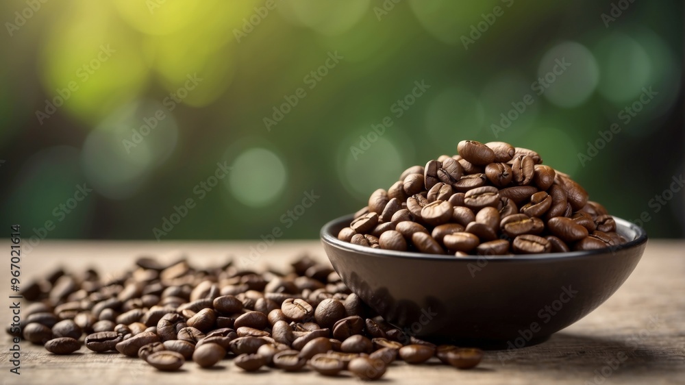 Fototapeta premium Bowl of roasted coffee beans with nature background.