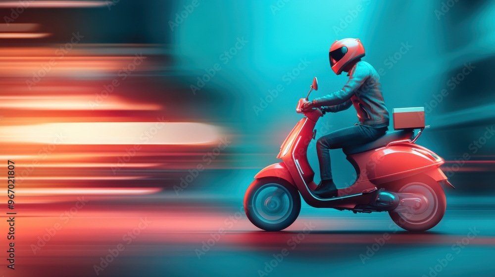 Fototapeta premium A courier on a scooter weaving through busy city streets, delivering a package with urgency.