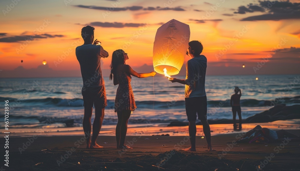 Fototapeta premium Glowing Embers: Friends Lighting Paper Lanterns by the Sea at Sunset
