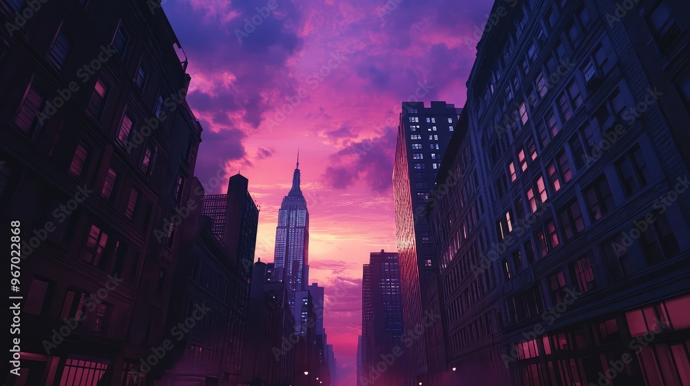 Obraz premium A retro-inspired sundown between New York's towering buildings, with vibrant pastel skies contrasting the dark, shadowy city streets below, evoking a timeless 80s feel
