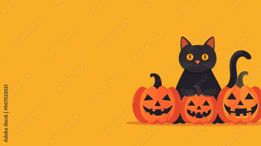 Black Cat with Jack O Lantern Pumpkins on Yellow Background Black Cat with Jack O Lantern Pumpkins on Yellow Background