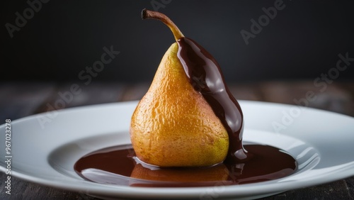 Gourmet pear dessert with smooth dark chocolate sauce elegantly drizzled over a single ripe pear, plated on a white dish, close-up view of a refined culinary presentation