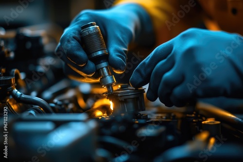 Auto mechanic working on car engine using specialized tool photo